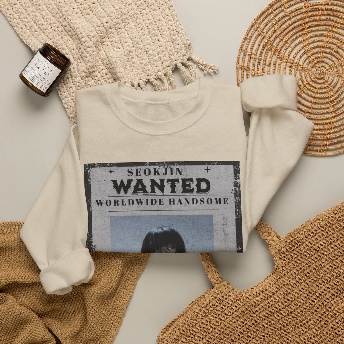 Crewneck Sweatshirt — 'Seojin Wanted: Worldwide Handsome' Vintage Poster Graphic
