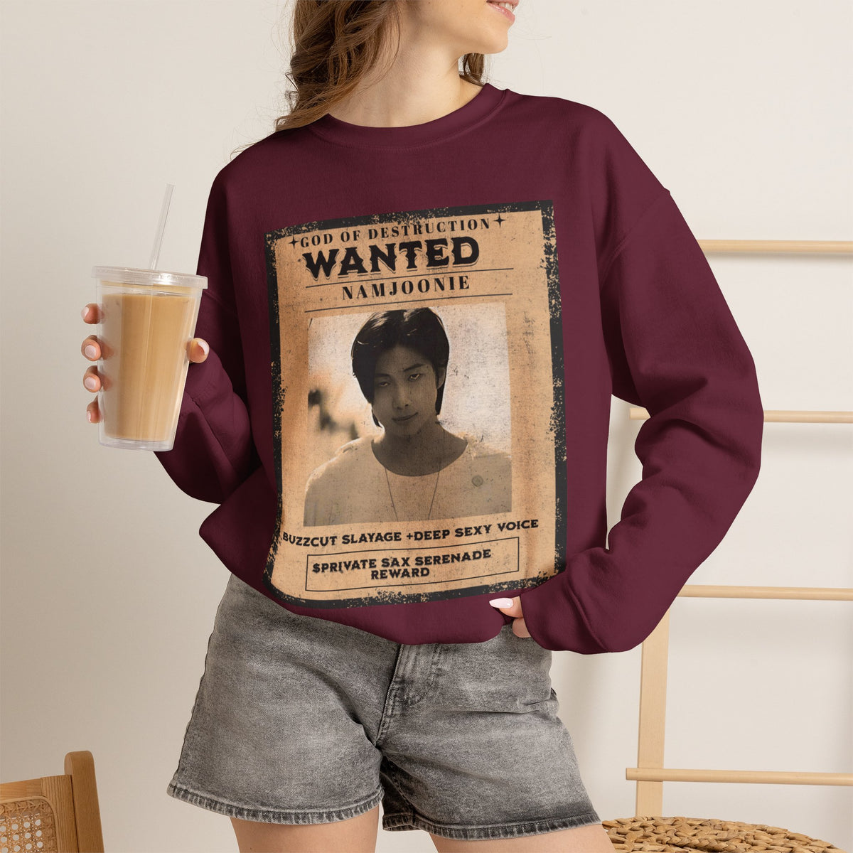 Wanted Poster Crewneck Sweatshirt — 'Wanted: Namjoonie' Vintage K-Pop Graphic
