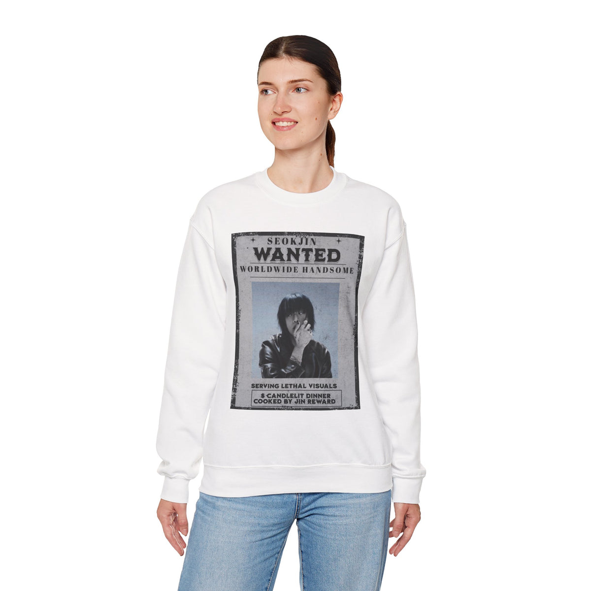 Crewneck Sweatshirt — 'Seojin Wanted: Worldwide Handsome' Vintage Poster Graphic