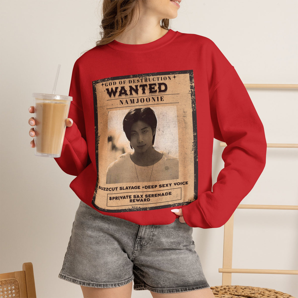 Wanted Poster Crewneck Sweatshirt — 'Wanted: Namjoonie' Vintage K-Pop Graphic