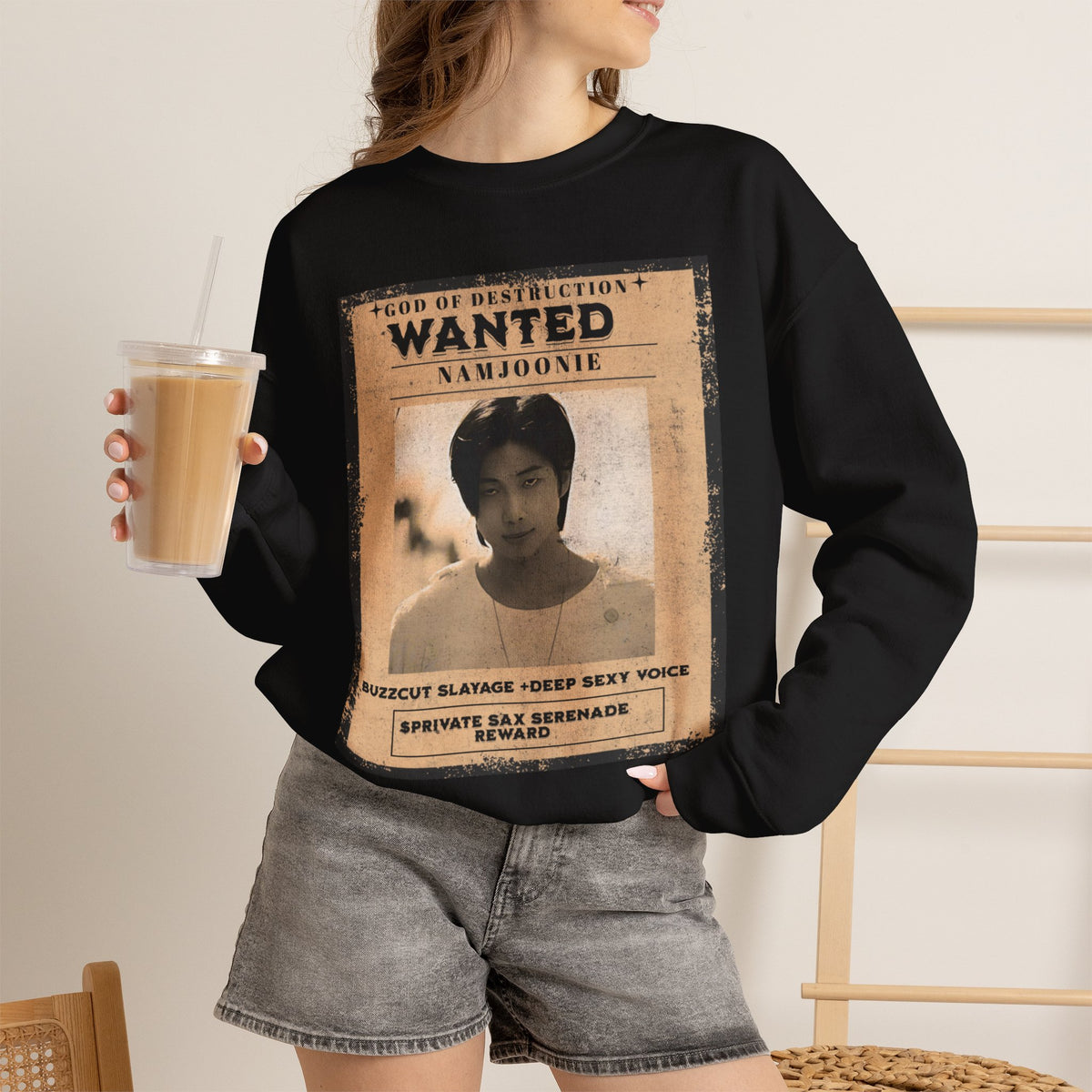 Wanted Poster Crewneck Sweatshirt — 'Wanted: Namjoonie' Vintage K-Pop Graphic