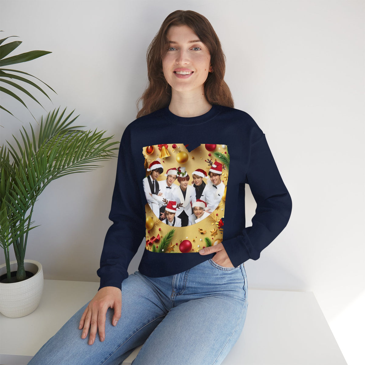 BTS Group Holiday Crewneck Sweatshirt — Festive Santa Hats Photo Design