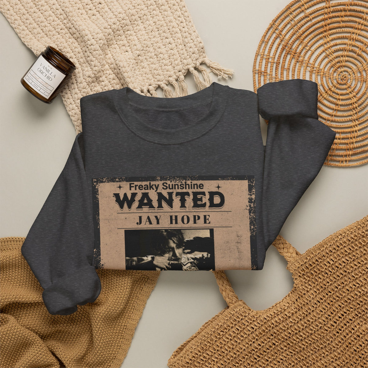 Wanted Poster Crewneck Sweatshirt – 'Freaky Sunshine: WANTED Jay Hope' Retro Graphic