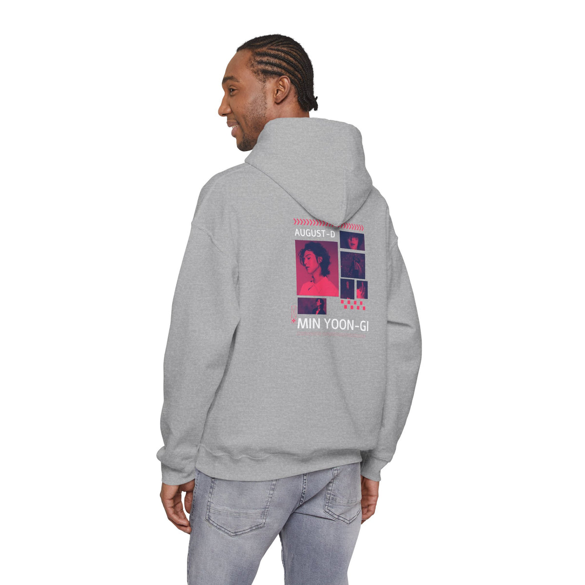 Suga Photo Collage Hoodie — Retro Pink Portraits Grid Design