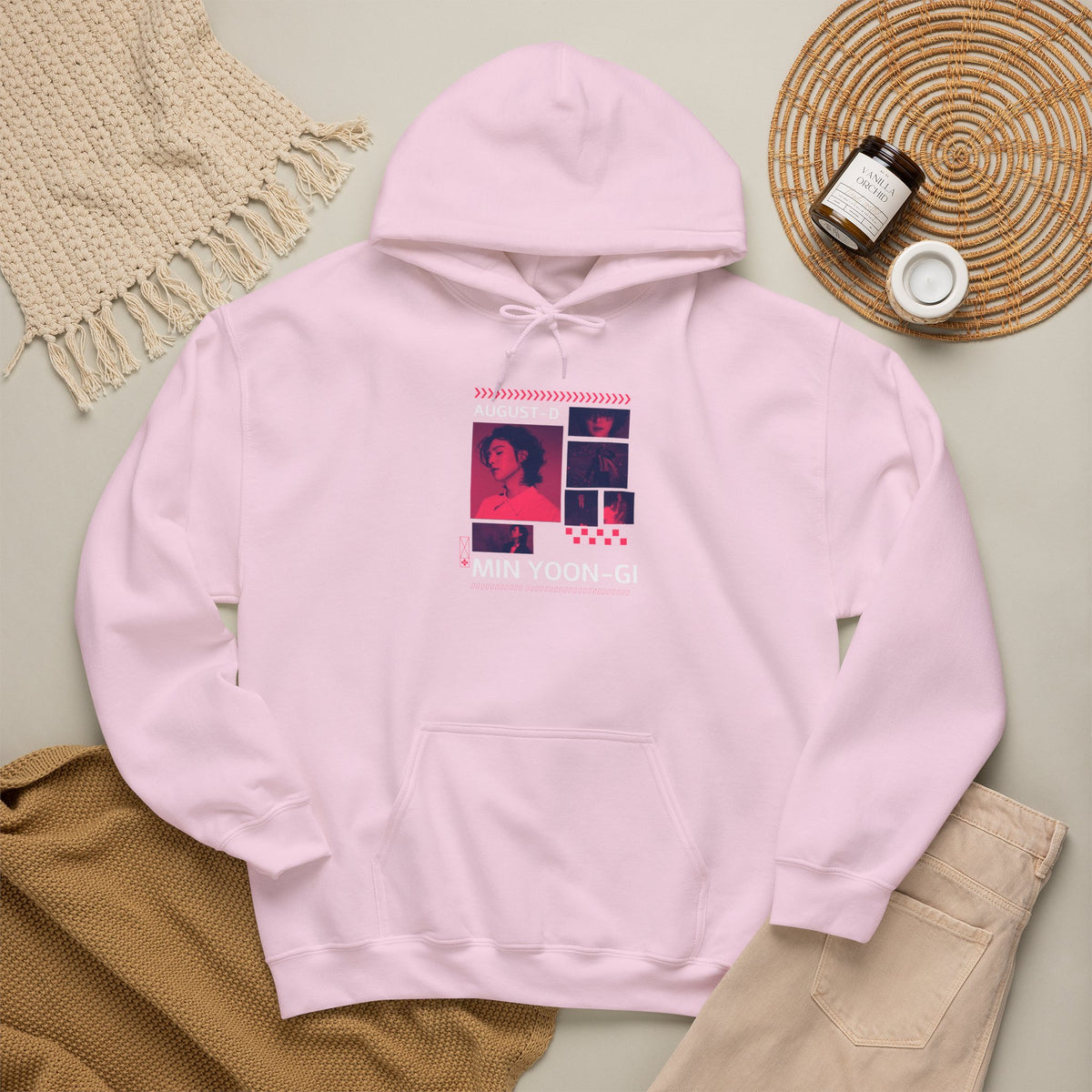 Suga Photo Collage Hoodie — Retro Pink Portraits Grid Design