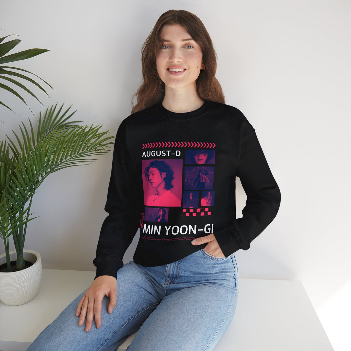 Suga Retro Photo Collage Sweatshirt — Pink Neon Portrait Crewneck