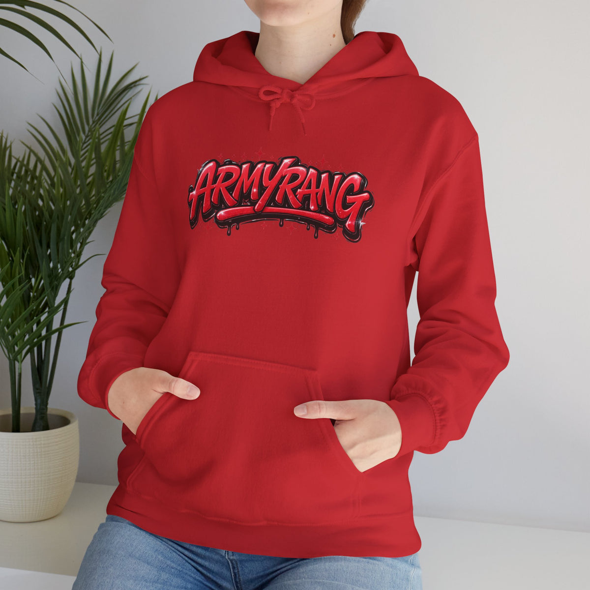 ArmyRang Graffiti Hoodie — Streetwear Pullover with Bold Red Logo