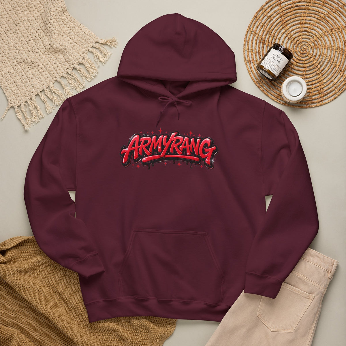 ArmyRang Graffiti Hoodie — Streetwear Pullover with Bold Red Logo