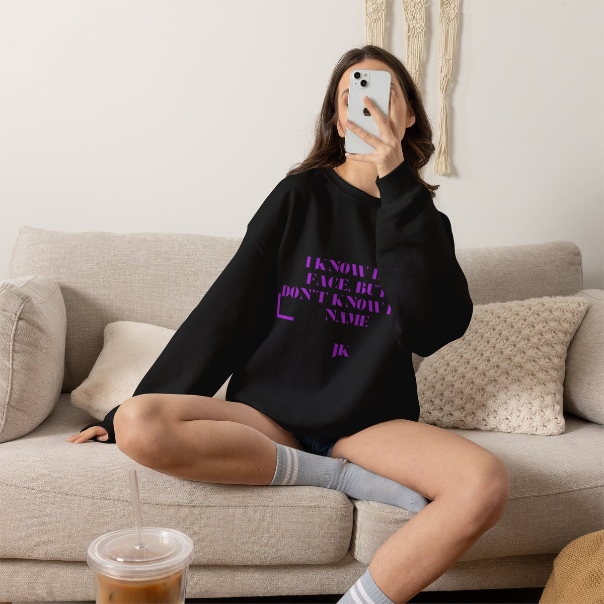 Crewneck Sweatshirt — “I Know Her Face, But I Don’t Know Her Name” Minimal Graphic