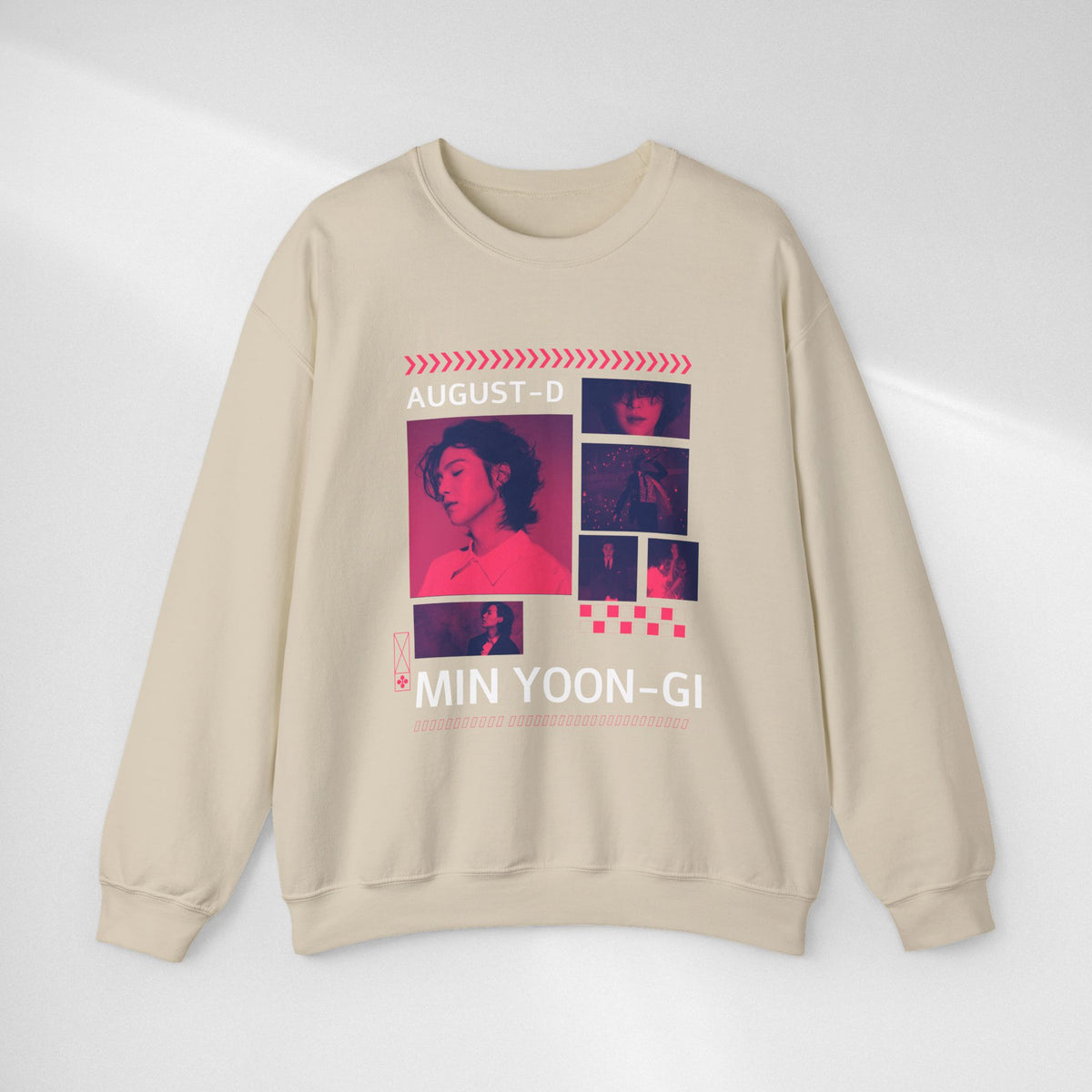 Suga Retro Photo Collage Sweatshirt — Pink Neon Portrait Crewneck