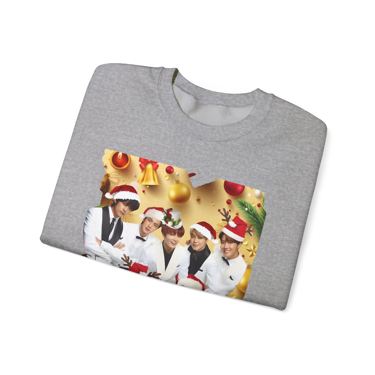 BTS Group Holiday Crewneck Sweatshirt — Festive Santa Hats Photo Design