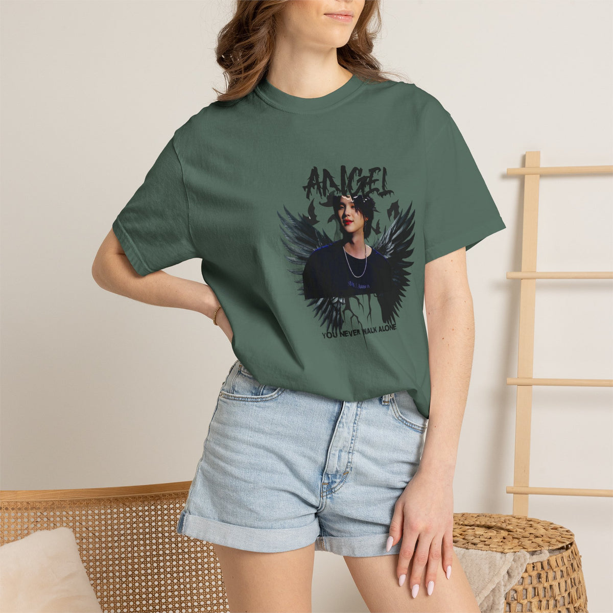 Angel Wings Graphic T-Shirt — 'Angel' Photo Tee with Dark Wing Illustration