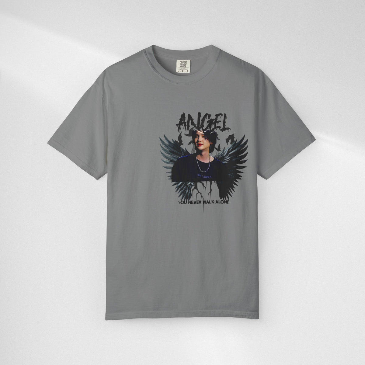 Angel Wings Graphic T-Shirt — 'Angel' Photo Tee with Dark Wing Illustration