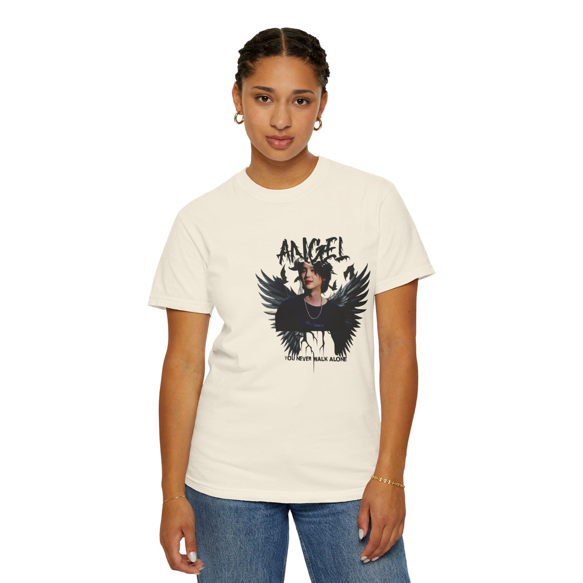 Angel Wings Graphic T-Shirt — 'Angel' Photo Tee with Dark Wing Illustration