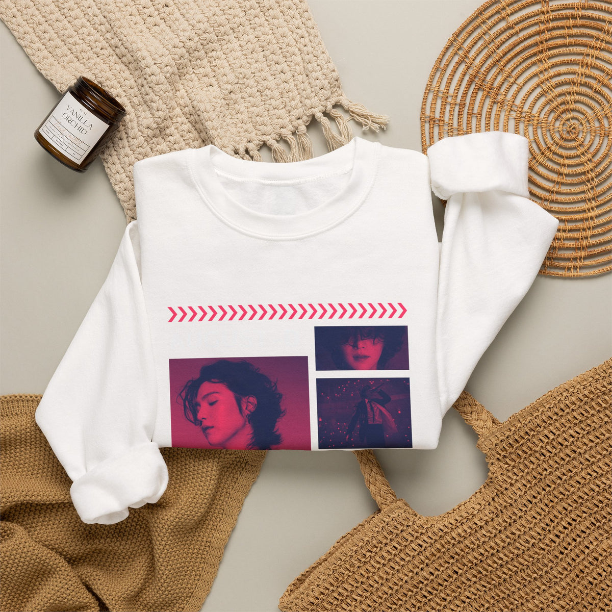Suga Retro Photo Collage Sweatshirt — Pink Neon Portrait Crewneck