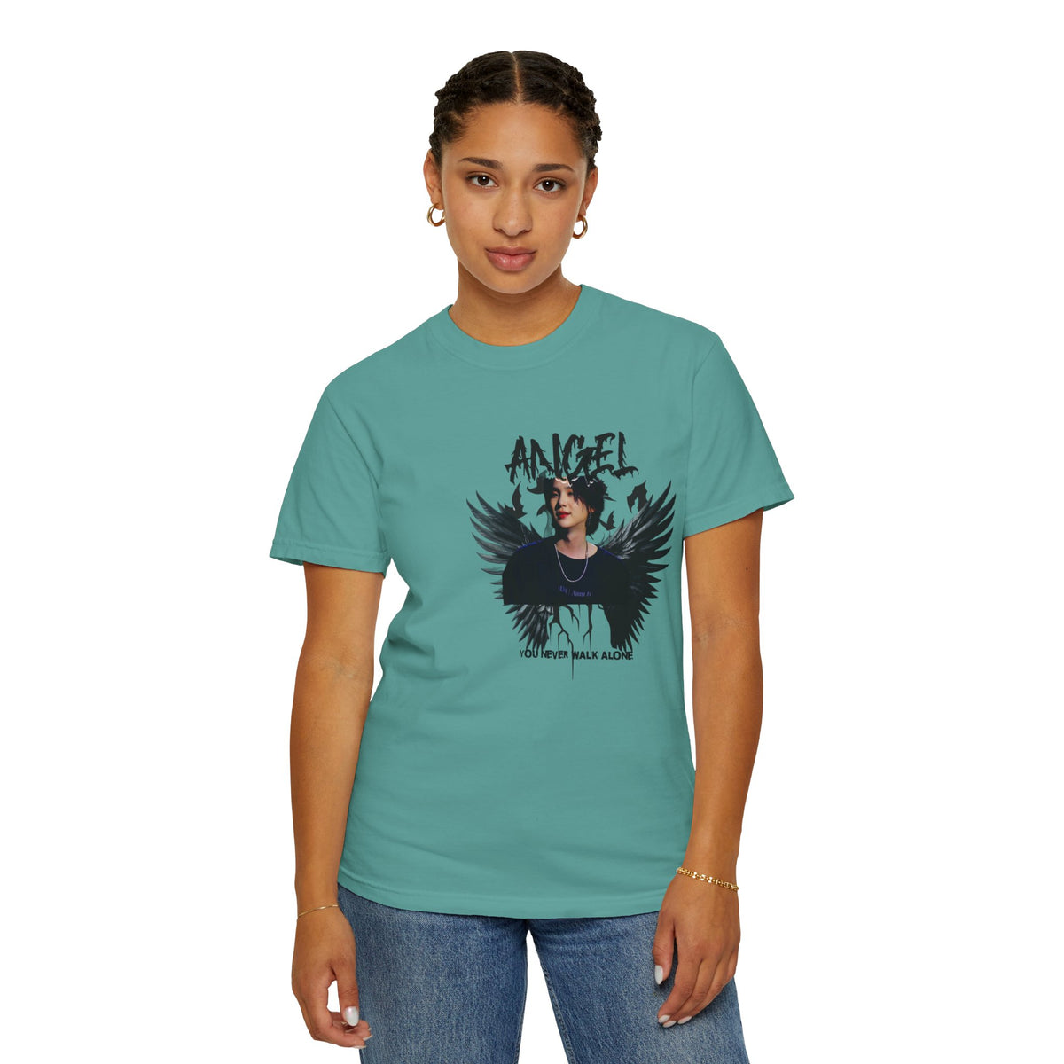 Angel Wings Graphic T-Shirt — 'Angel' Photo Tee with Dark Wing Illustration