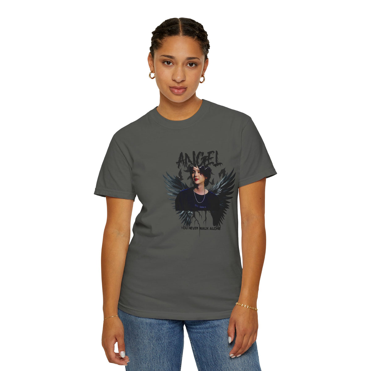 Angel Wings Graphic T-Shirt — 'Angel' Photo Tee with Dark Wing Illustration
