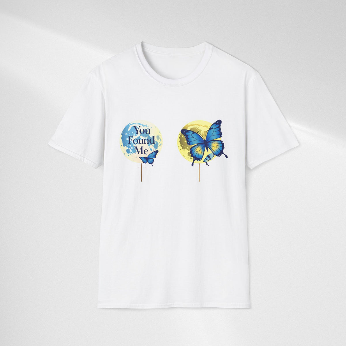 T-Shirt — 'You Found Me' Blue & Yellow Butterfly Graphic