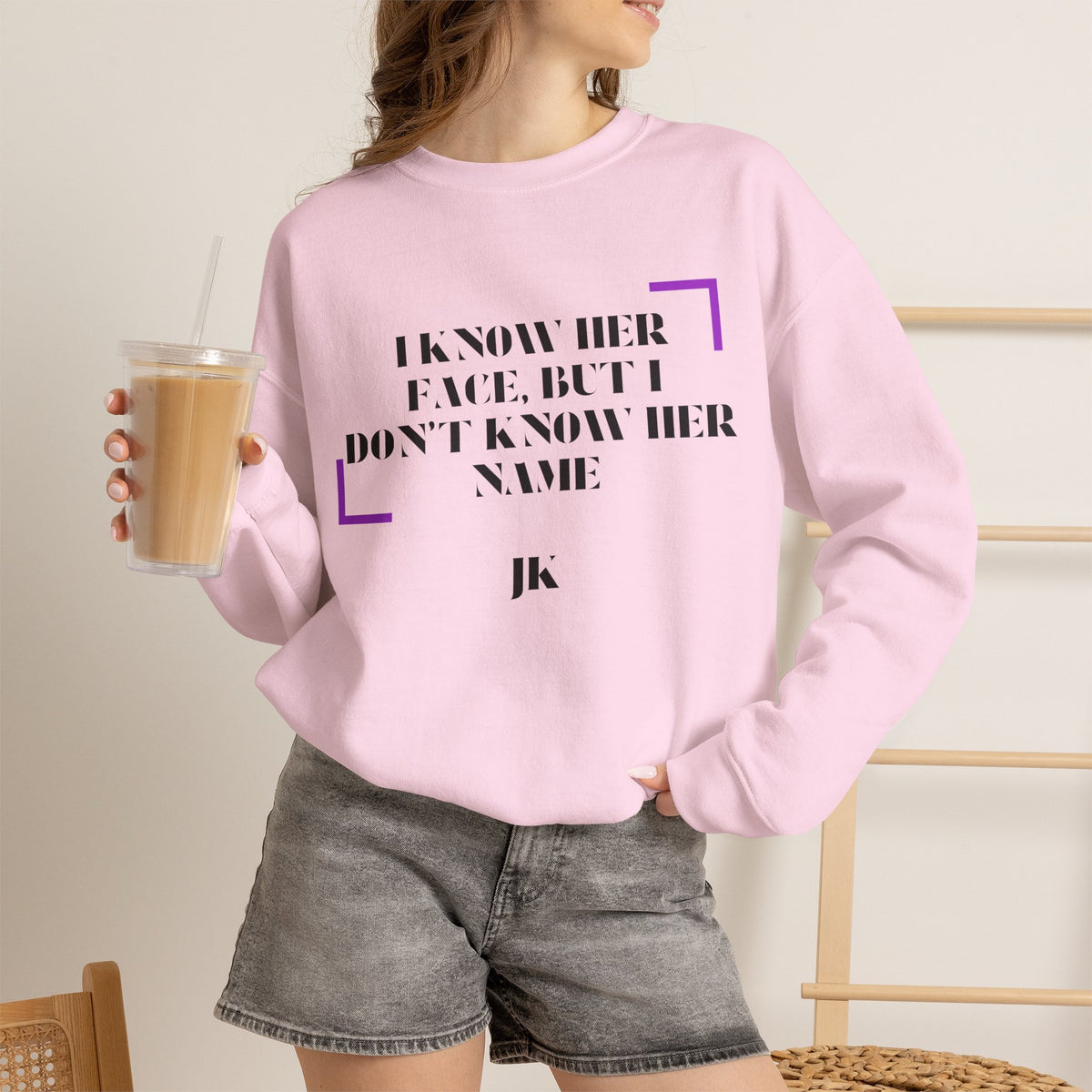 Crewneck Sweatshirt — “I Know Her Face, But I Don’t Know Her Name” Minimal Graphic