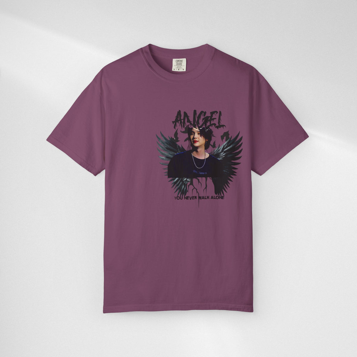 Angel Wings Graphic T-Shirt — 'Angel' Photo Tee with Dark Wing Illustration