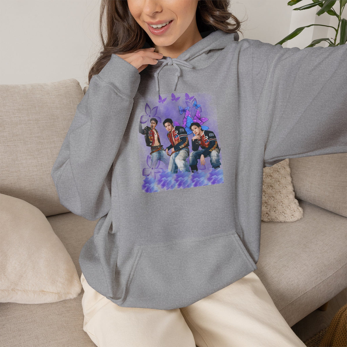JHOPE Photo Hoodie — Purple Watercolor Floral Crew Sweatshirt