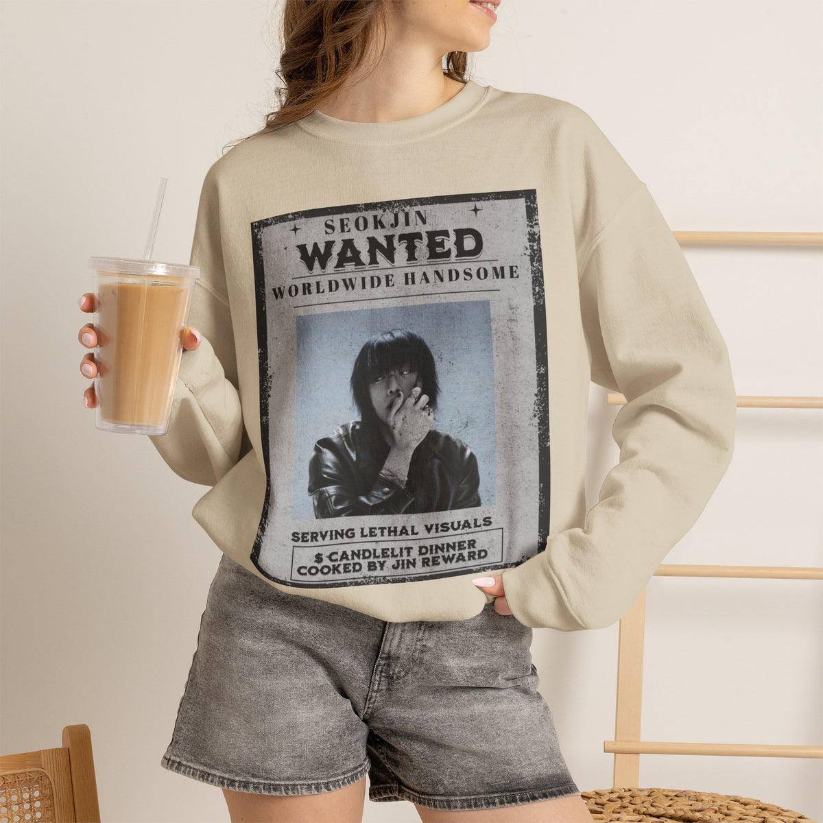 Crewneck Sweatshirt — 'Seojin Wanted: Worldwide Handsome' Vintage Poster Graphic