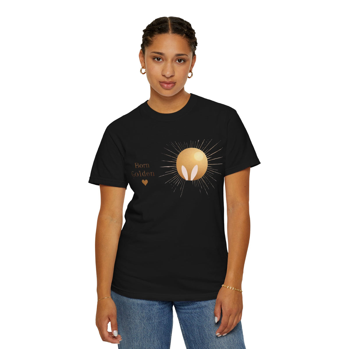 JK Born Golden Tee — Minimal Sun Badge Graphic T-Shirt
