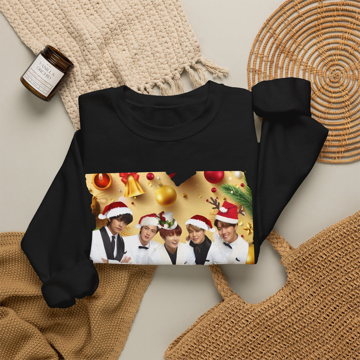 BTS Group Holiday Crewneck Sweatshirt — Festive Santa Hats Photo Design