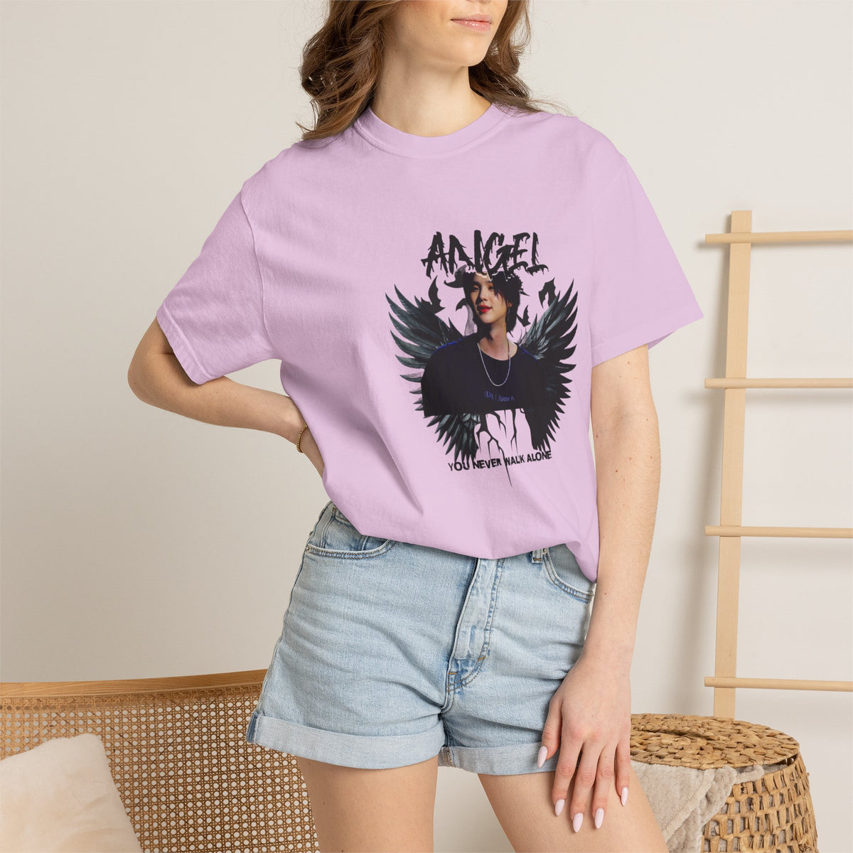 Angel Wings Graphic T-Shirt — 'Angel' Photo Tee with Dark Wing Illustration