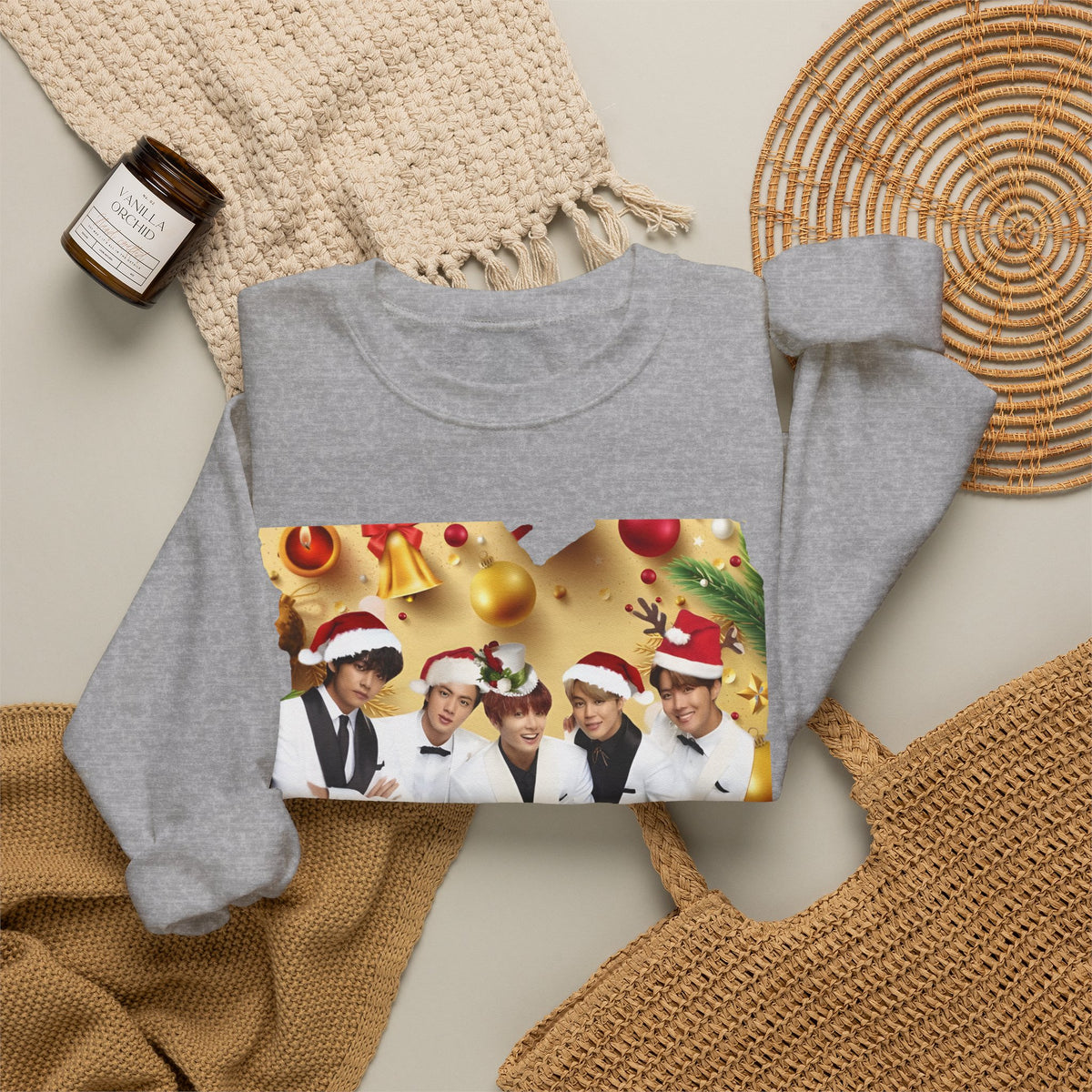 BTS Group Holiday Crewneck Sweatshirt — Festive Santa Hats Photo Design