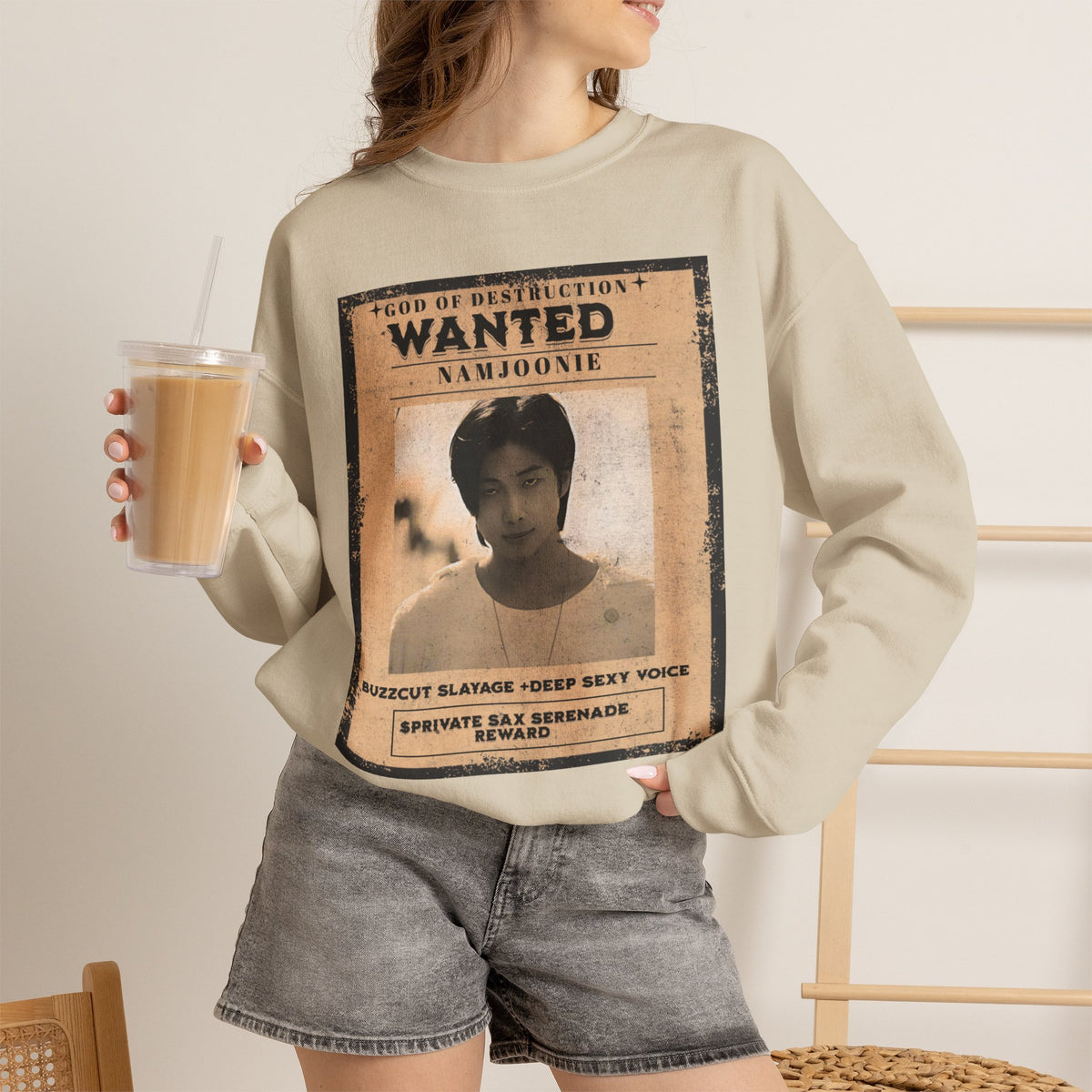 Wanted Poster Crewneck Sweatshirt — 'Wanted: Namjoonie' Vintage K-Pop Graphic