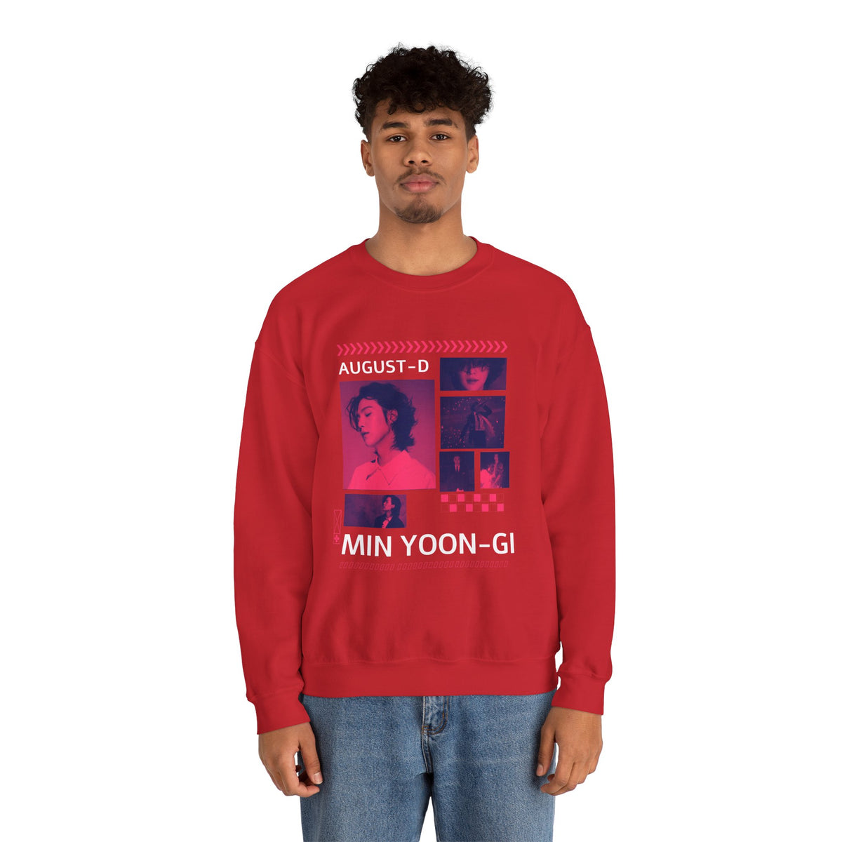 Suga Retro Photo Collage Sweatshirt — Pink Neon Portrait Crewneck