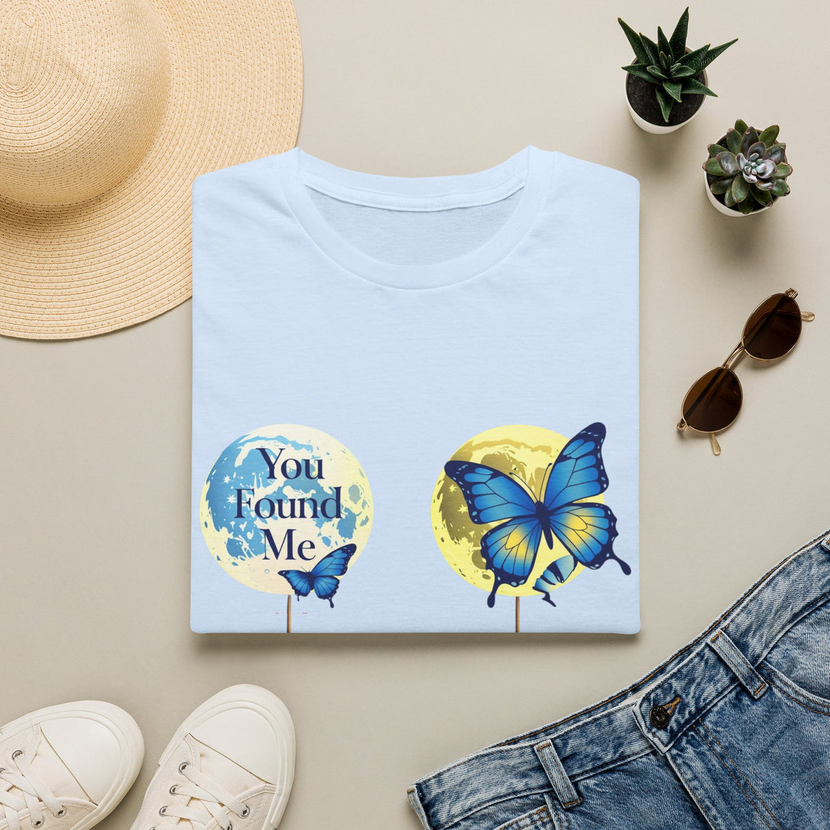 T-Shirt — 'You Found Me' Blue & Yellow Butterfly Graphic
