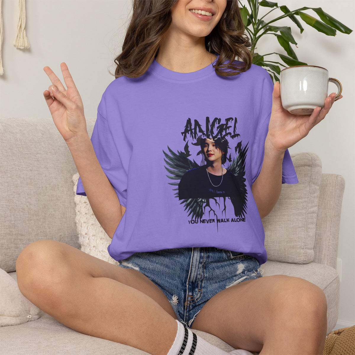Angel Wings Graphic T-Shirt — 'Angel' Photo Tee with Dark Wing Illustration
