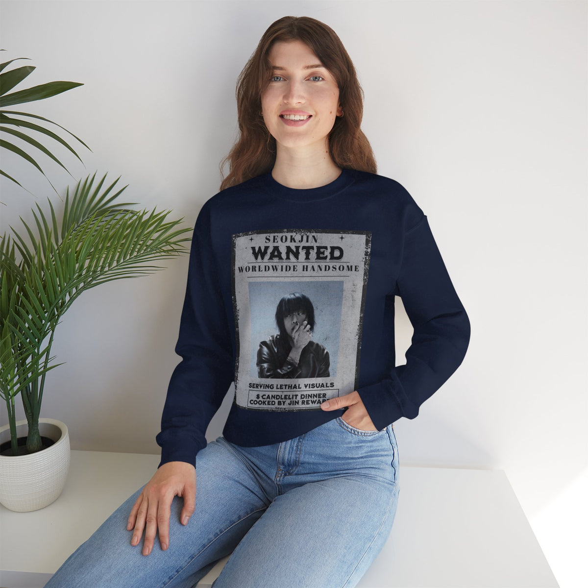Crewneck Sweatshirt — 'Seojin Wanted: Worldwide Handsome' Vintage Poster Graphic