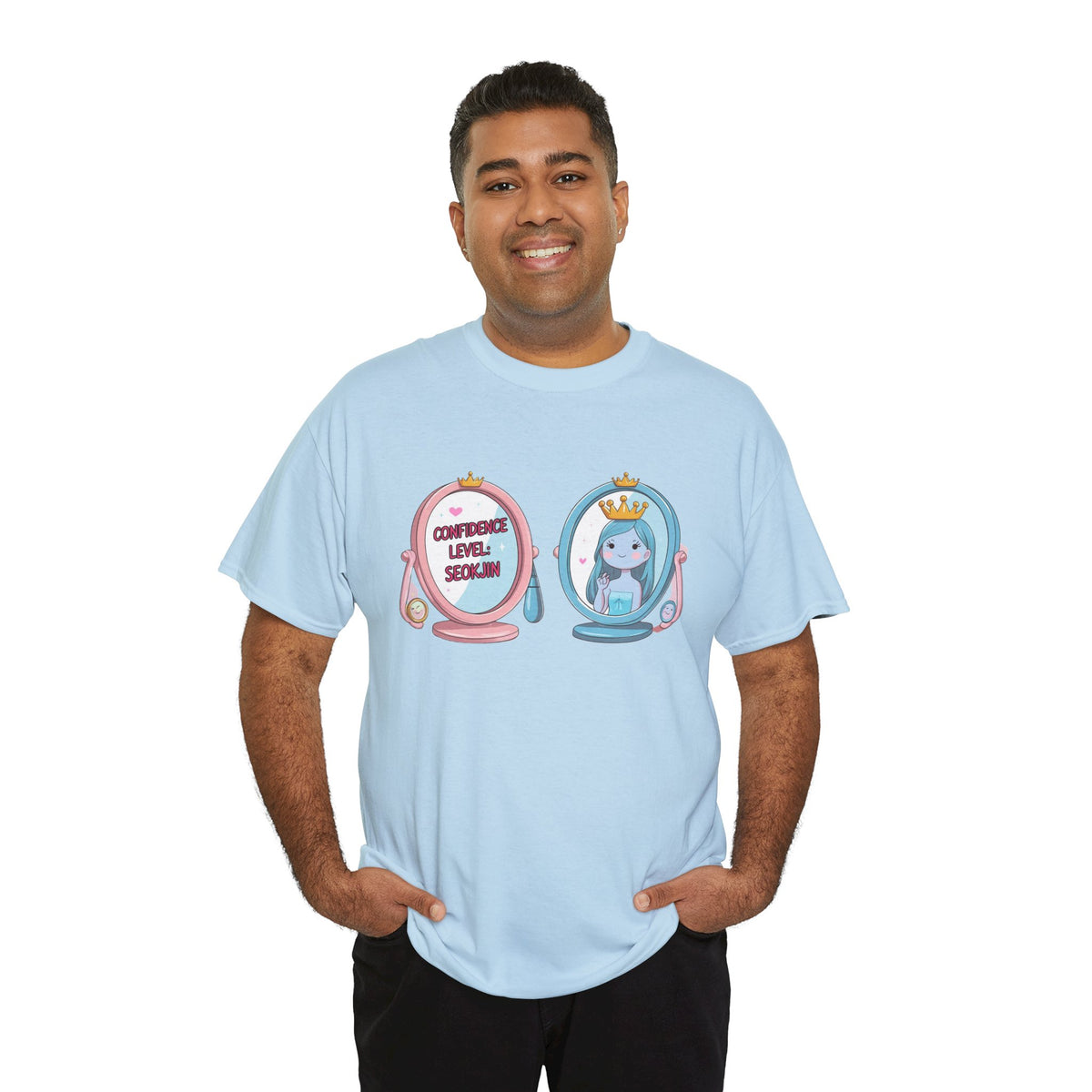 JIN Level Shirt — Cute Pink & Blue Mirrors Graphic Tee ("Comfort Level: Secure")