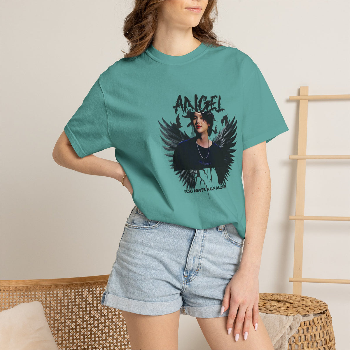 Angel Wings Graphic T-Shirt — 'Angel' Photo Tee with Dark Wing Illustration