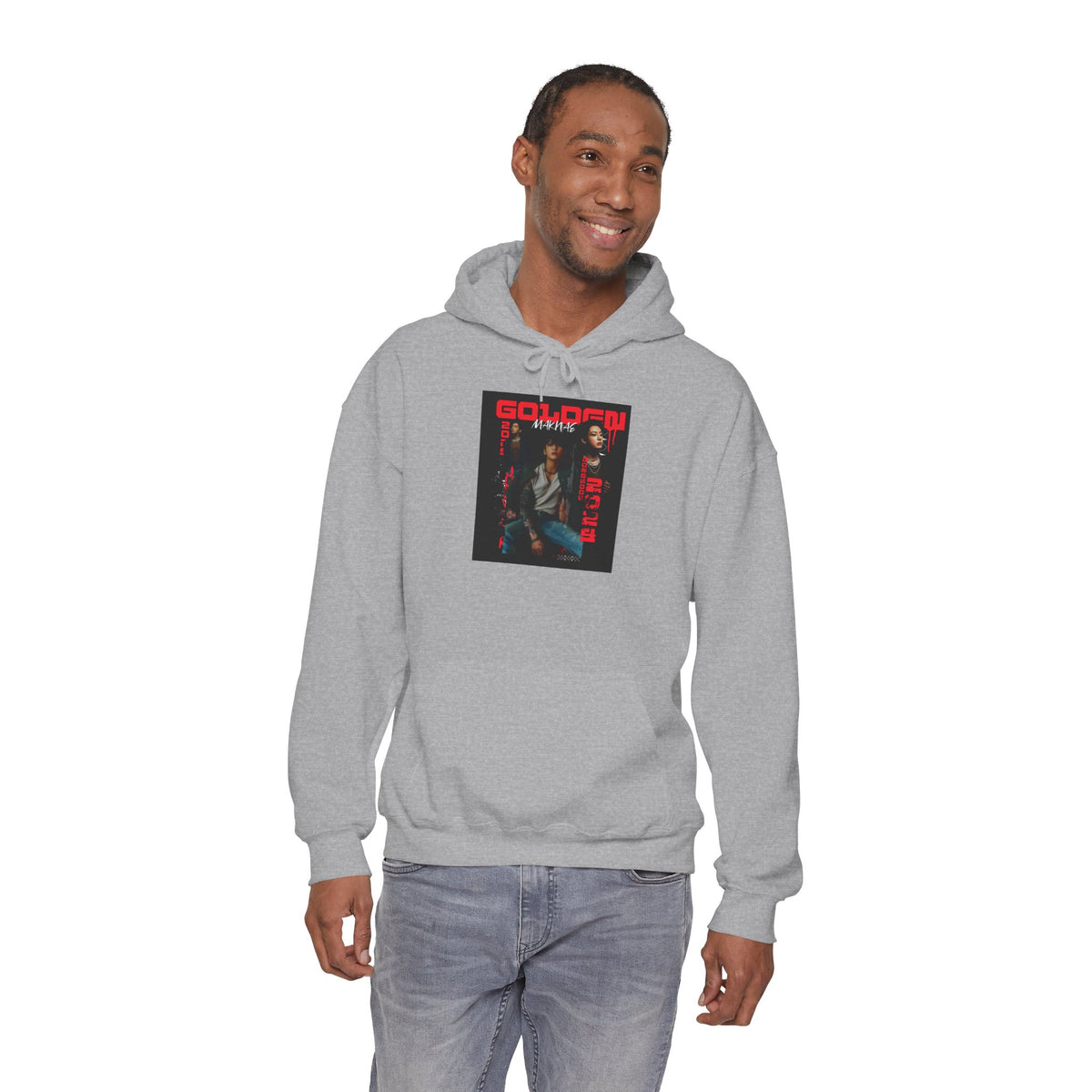 JK Hoodie - 'GOLDEN MAKNAE' Portrait Graphic Hoodie (Red Noir Band Art)
