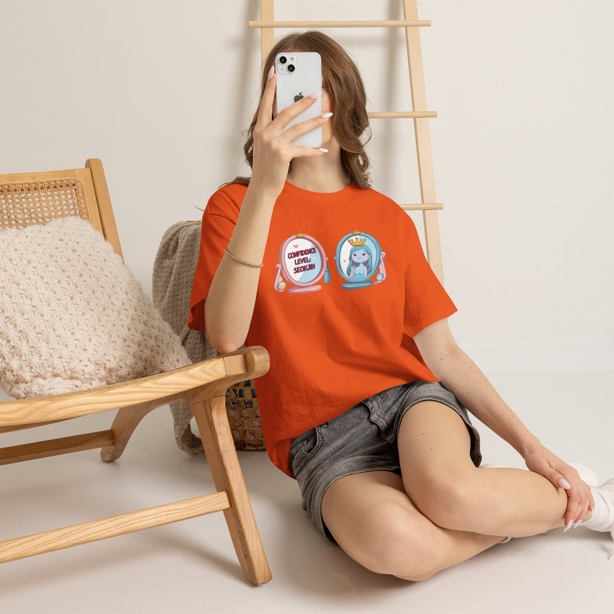 JIN Level Shirt — Cute Pink & Blue Mirrors Graphic Tee ("Comfort Level: Secure")