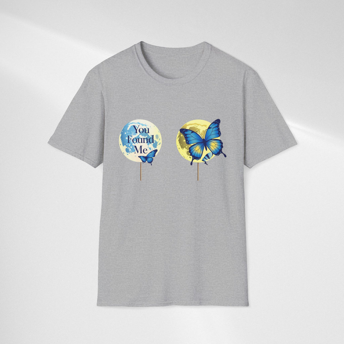 T-Shirt — 'You Found Me' Blue & Yellow Butterfly Graphic