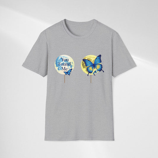 T-Shirt — 'You Found Me' Blue & Yellow Butterfly Graphic
