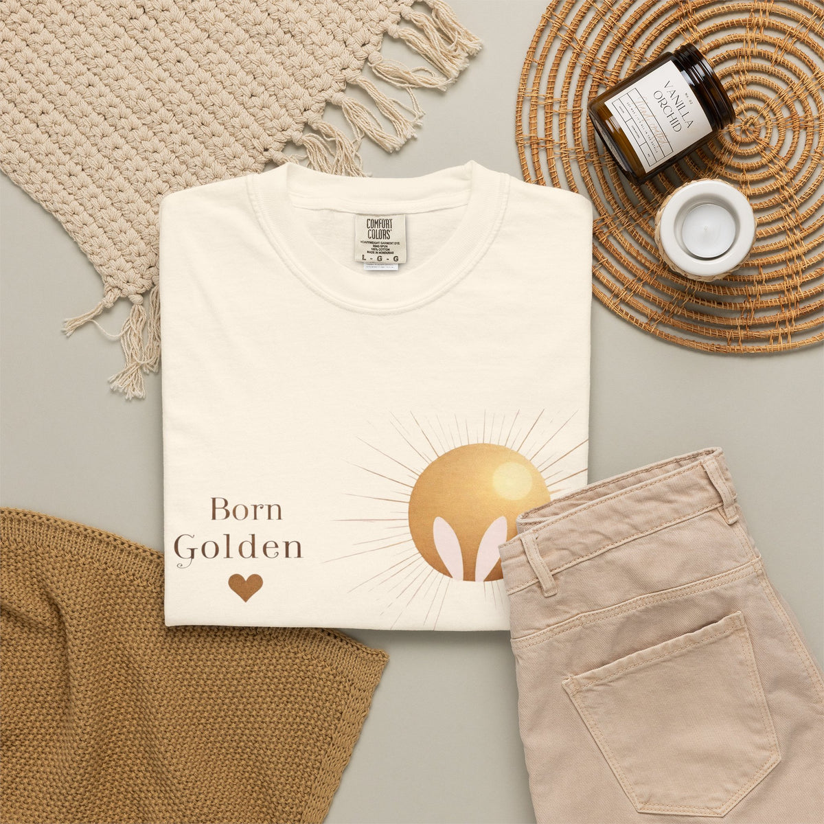 JK Born Golden Tee — Minimal Sun Badge Graphic T-Shirt