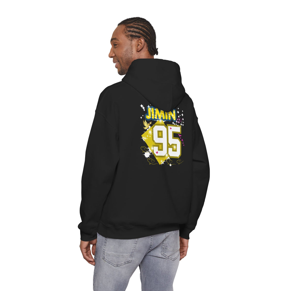 Jimin 95 Hoodie — K-Pop Fan Pullover with Photo Collage Front & Graphic Back