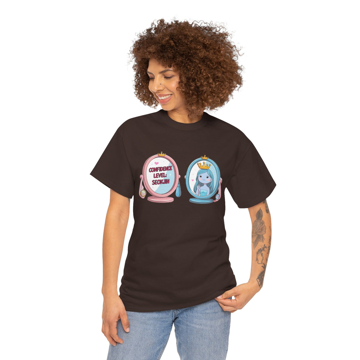 JIN Level Shirt — Cute Pink & Blue Mirrors Graphic Tee ("Comfort Level: Secure")