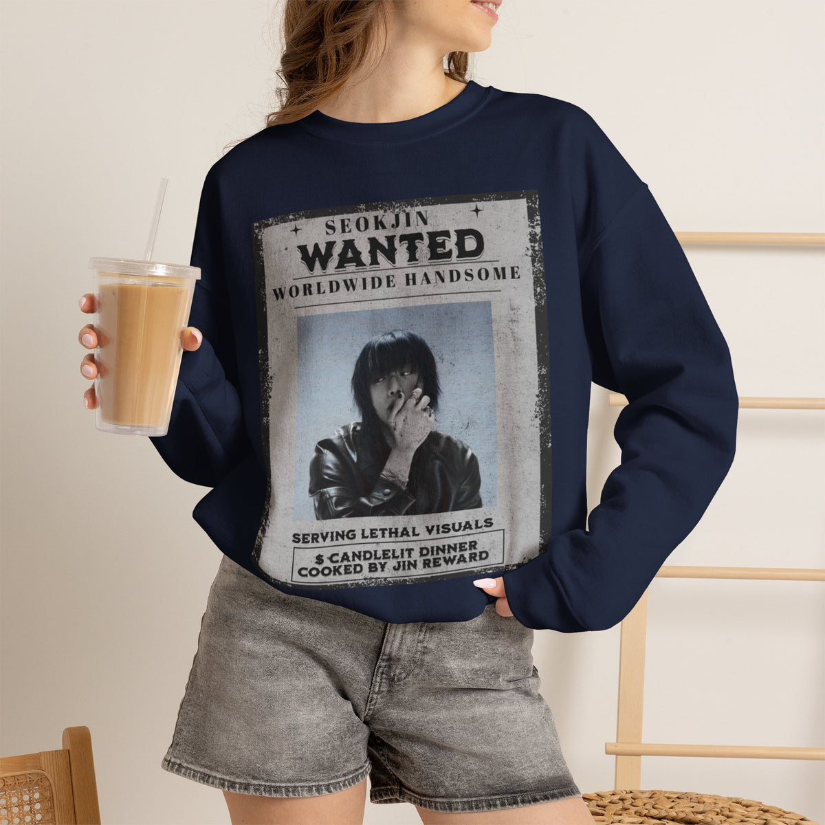 Crewneck Sweatshirt — 'Seojin Wanted: Worldwide Handsome' Vintage Poster Graphic