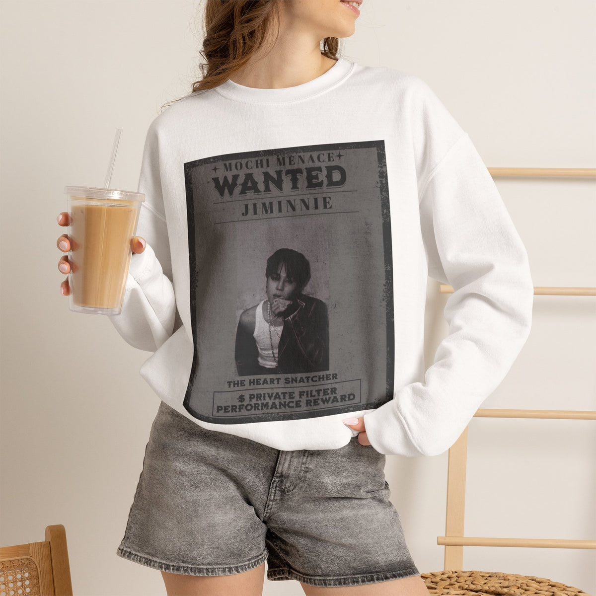 Wanted Poster Crewneck Sweatshirt — 'WANTED: Jiminie' Vintage K-Pop Graphic