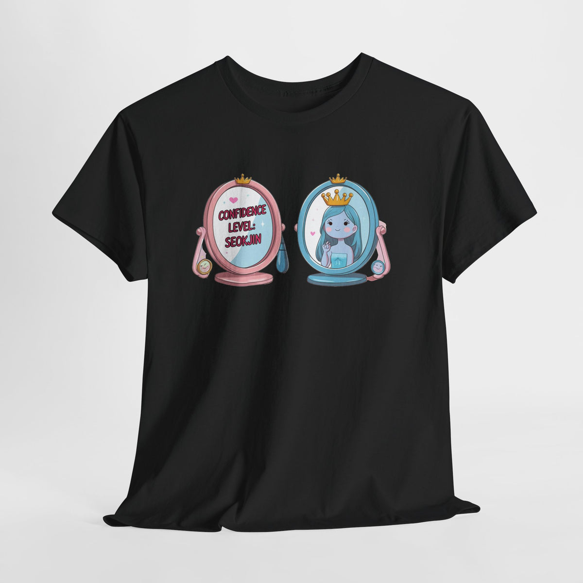 JIN Level Shirt — Cute Pink & Blue Mirrors Graphic Tee ("Comfort Level: Secure")