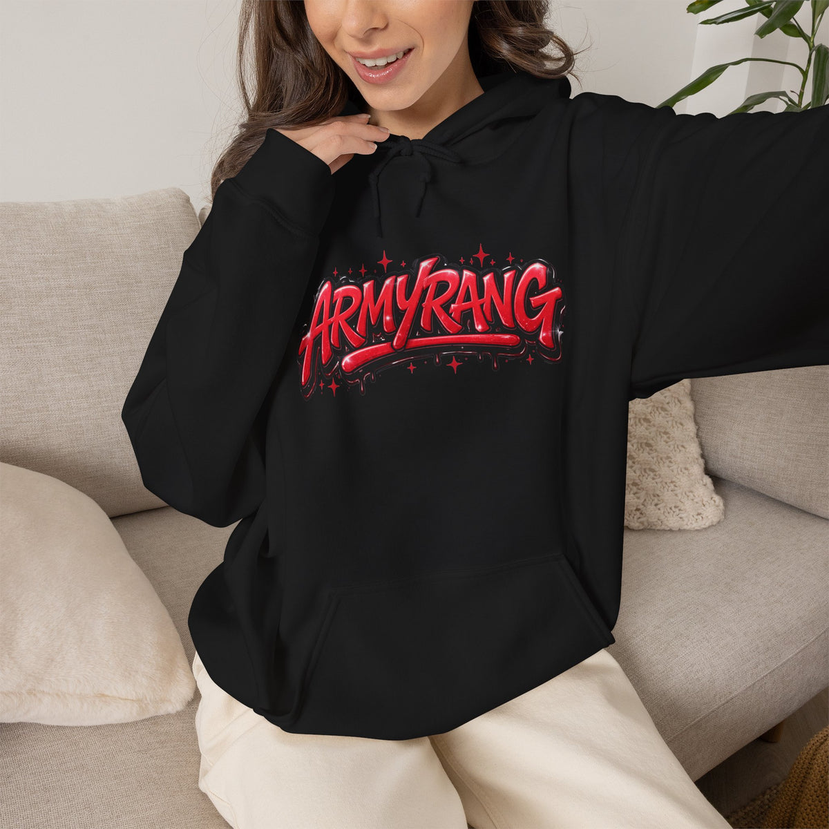 ArmyRang Graffiti Hoodie — Streetwear Pullover with Bold Red Logo
