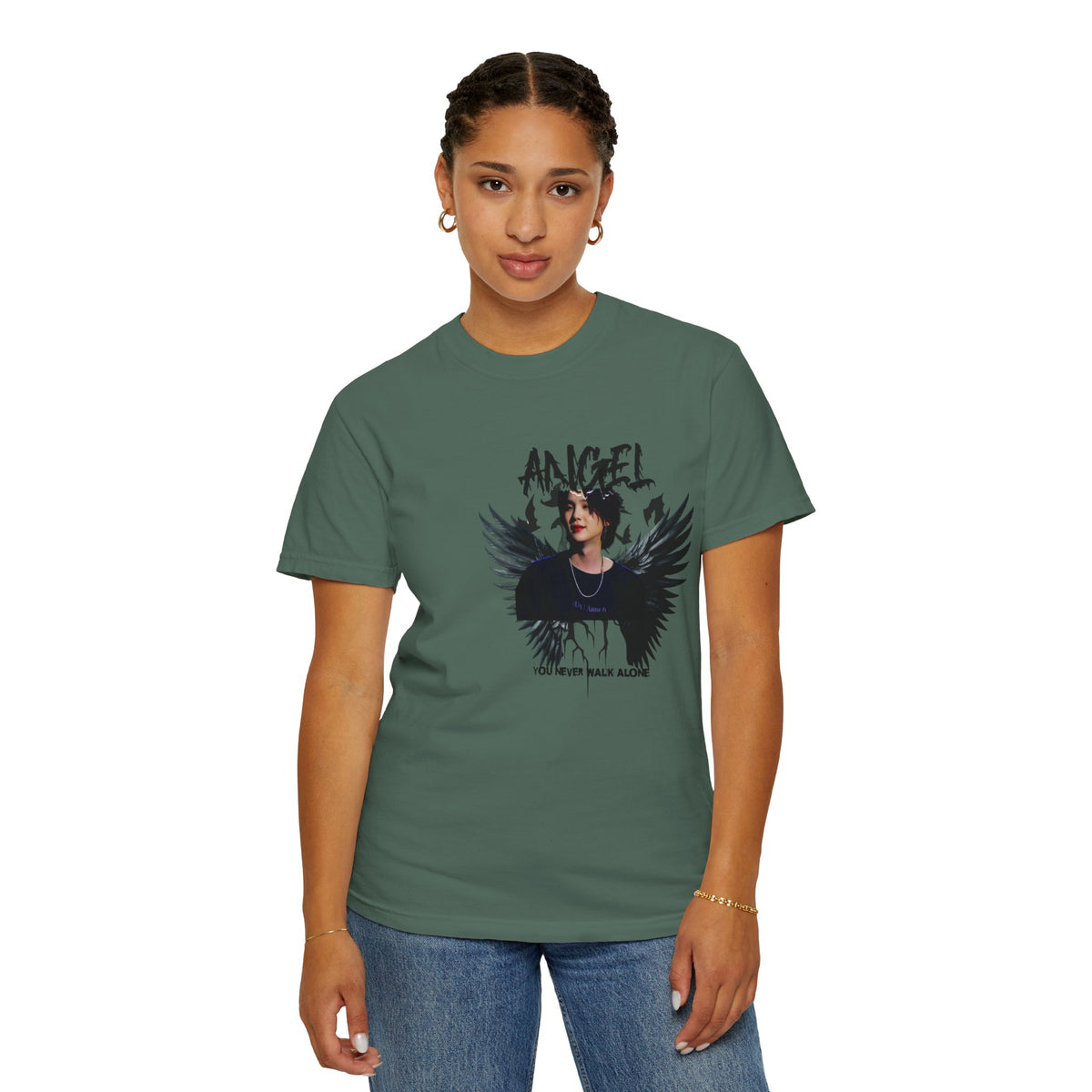 Angel Wings Graphic T-Shirt — 'Angel' Photo Tee with Dark Wing Illustration