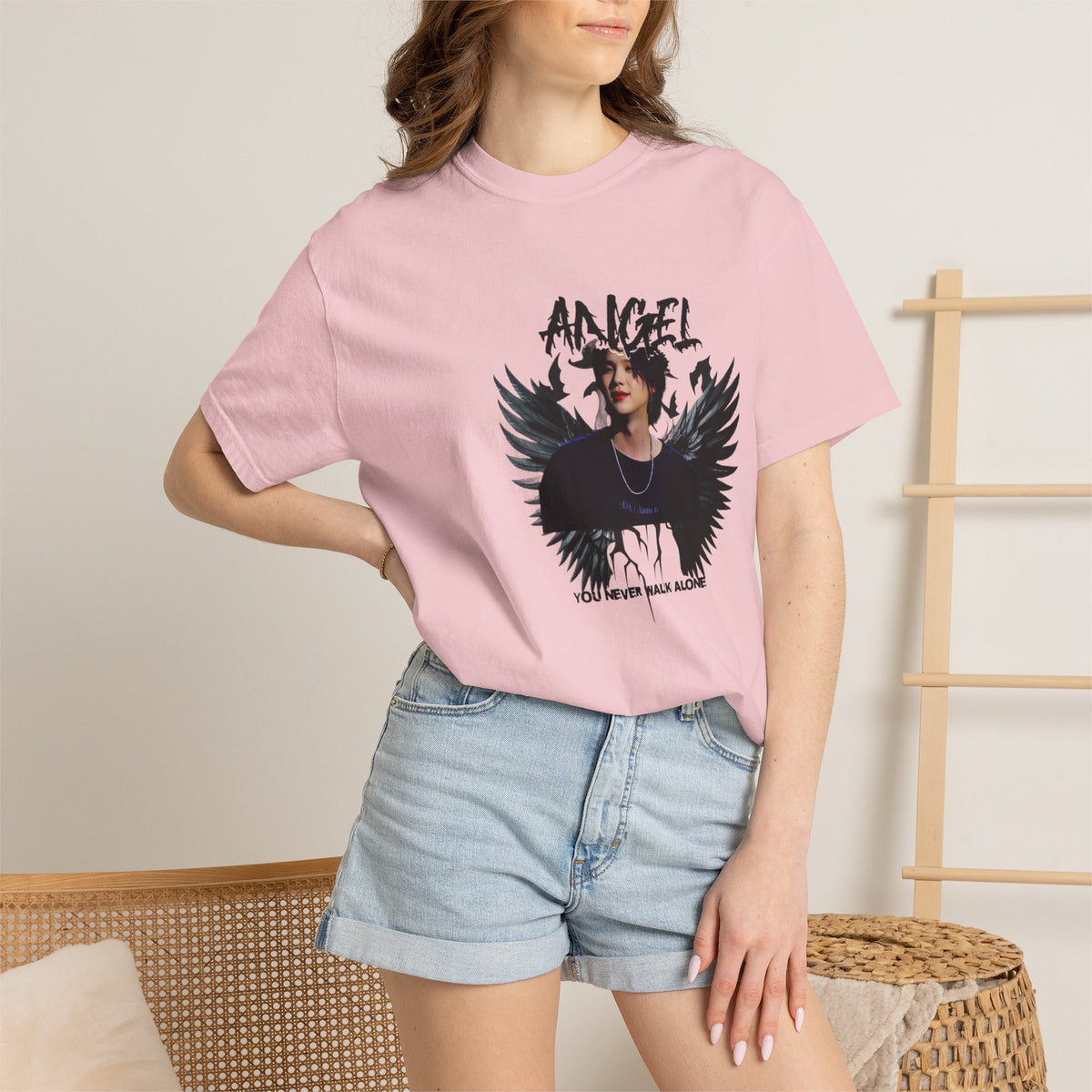 Angel Wings Graphic T-Shirt — 'Angel' Photo Tee with Dark Wing Illustration